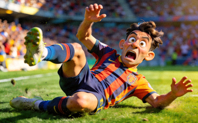 足球运动员在场上做出滑稽的摔倒动作，表情夸张